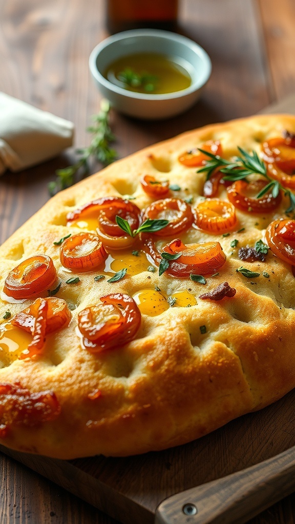 A golden focaccia bread topped with caramelized onions and herbs on a rustic wooden table.